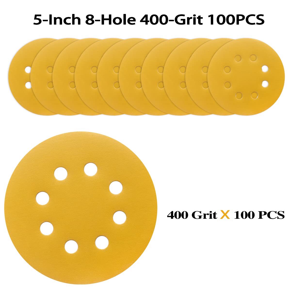 100PCS 5 Inch 8 Hole Sanding Discs 400 Grit,Gold Round Hook and Loop Sandpaper for Random Orbital Sander