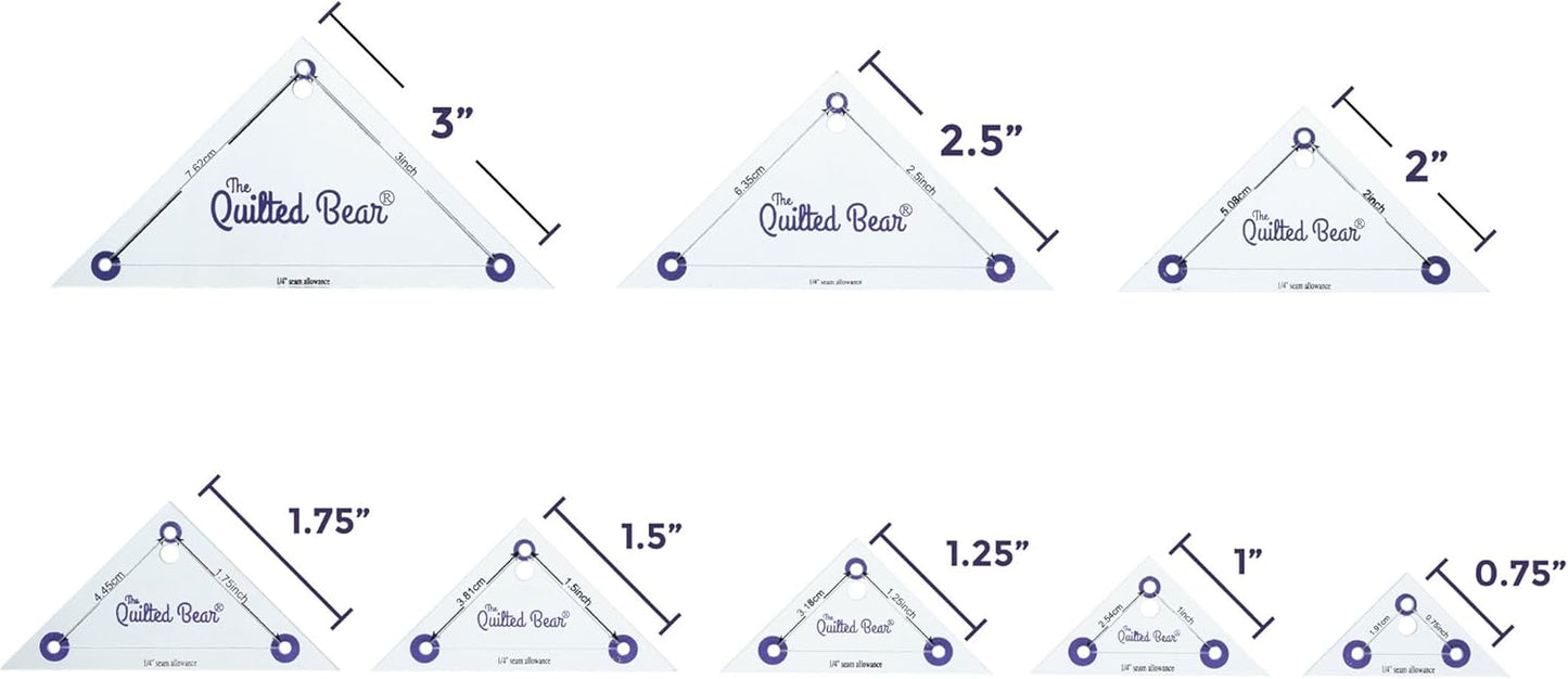 The Quilted Bear Right Angle Triangle Quilting Templates – 8 Clear Non-Slip Acrylic Quilt Templates for Precise Fabric Cutting & Stress-Free Machine Quilting - for Quilt & Sewing Supplies (¾–3")