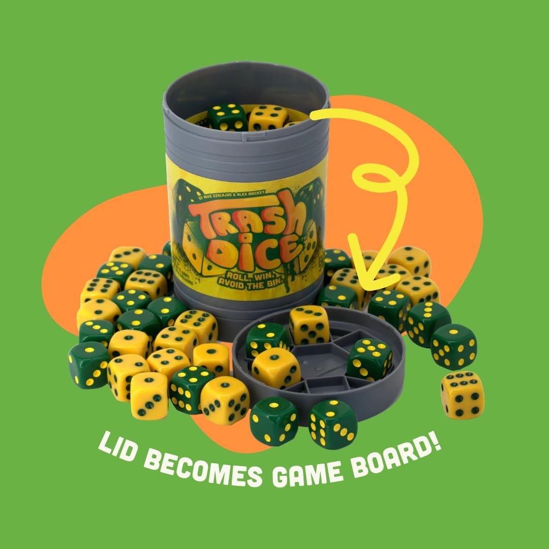 Big Discoveries Trash Dice - Fast-Paced Family Dice Game | Exciting 2-Player Board and Dice Game with Trash Can and Dice Set | for Travel, Party, and Games Night
