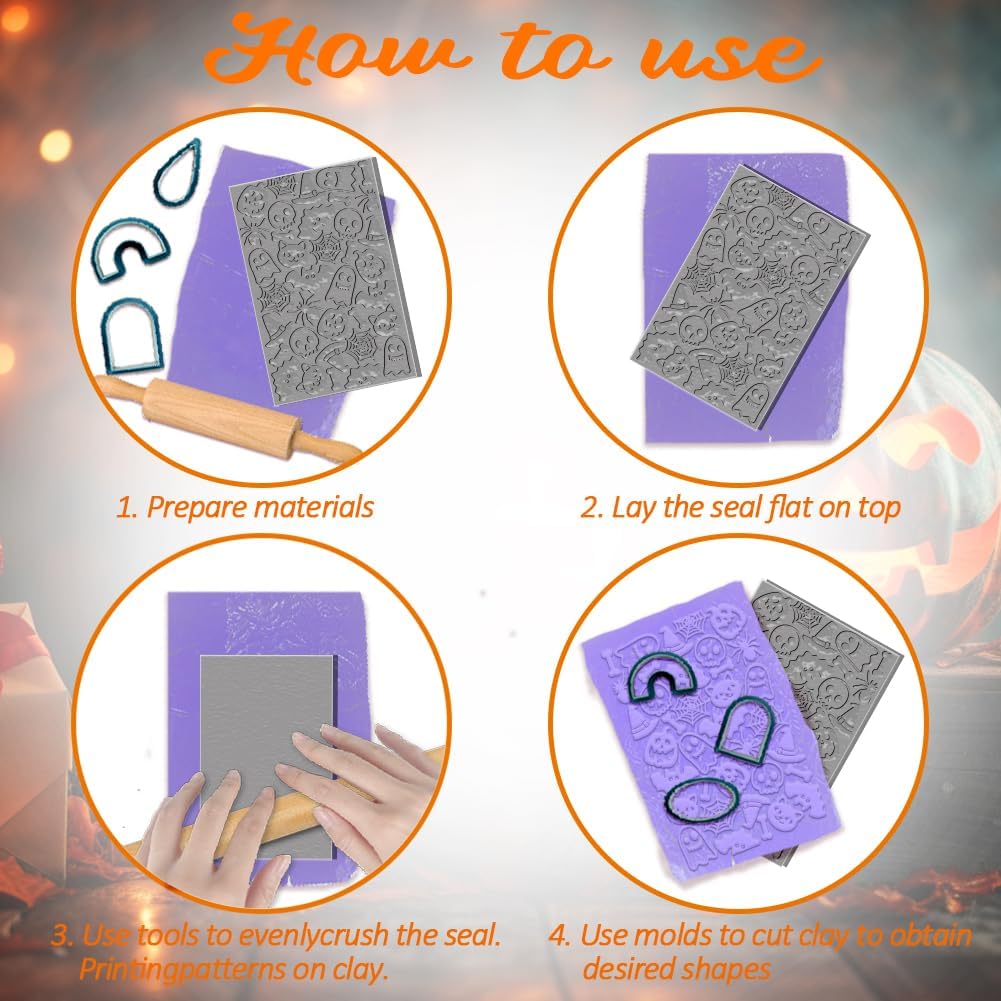 4PCS Halloween Polymer Clay Texture Sheets Set for Using with Clay Cutters, Pumpkins Clay Texture Mats, Jewelry Making DIY Halloween Craft Tools