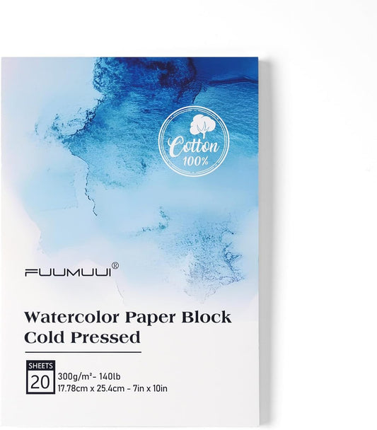 Watercolor Paper Block 7x10 Inch, Fuumuui 100% Cotton Paper Pad, 20 Sheets, Cold Pressed, Acid-Free, 140 lb/300gsm for Painting, Drawing, Art Journaling, Professional Artist Quality