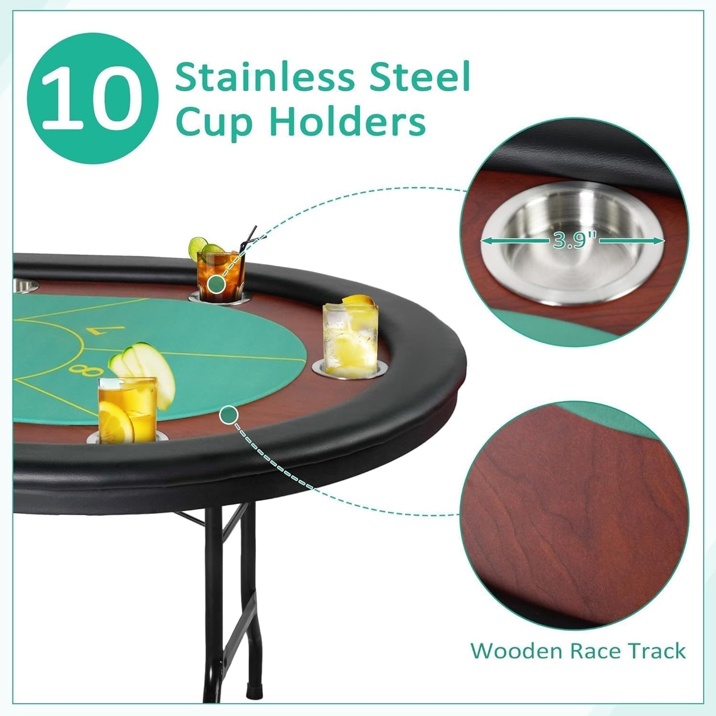 Upgrade 84" Folding Poker Table, 10 Players Oval Card Table with Stainless Steel Cup Holders and Padded Rails, Casino Leisure Felt Surface Texas Hold 'em Poker Table, Green