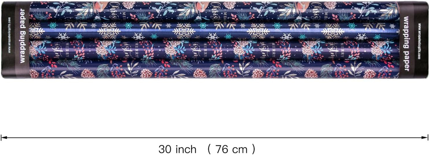 WRAPAHOLIC 30 Inch Christmas Wrapping Paper Roll - Jumbo Roll Drak Blue Bird, Christmas Garland and Snowflake Holiday Collection with Metallic Foil Shine - 4 Rolls - 30 Inch x 120 Inch Per Roll
