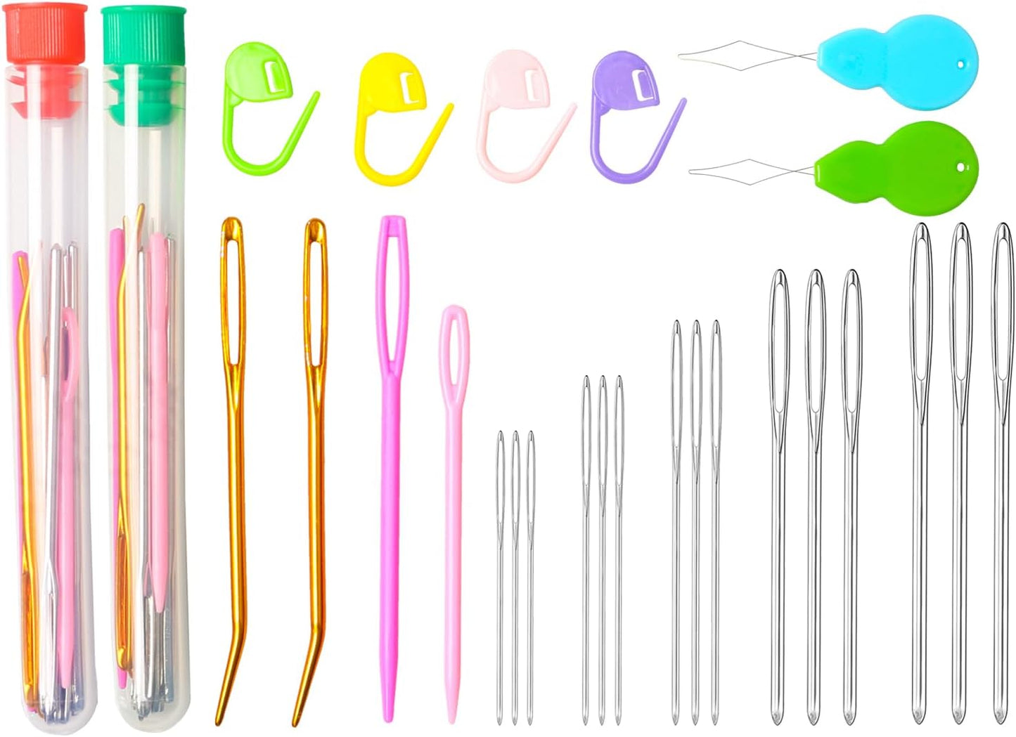 Hekisn 45Pcs Large Eye Blunt Yarn Needles kit, Assorted Sizes Bent Tapestry Darning Needle, Sewing Needles with Needle Threaders & Stitch Markers for Knitting Crochet (Green&Red)