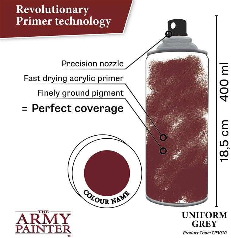 The Army Painter, Colour Primer: Uniform Grey, 400ml, 13.5oz - Acrylic Spray Undercoat for Miniature Painting - Spray Primer for Plastic Miniatures