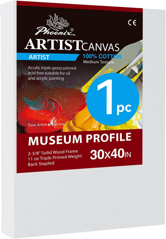 PHOENIX 30x40 Inch Museum Canvas - 2 3/8 Inch Thick Porfile Deep Large Stretched Canvas for Painting 1 Pack 100% Cotton 11 Oz. Gesso Primed White Blank Professional Canvas Oil & Acrylic Paints