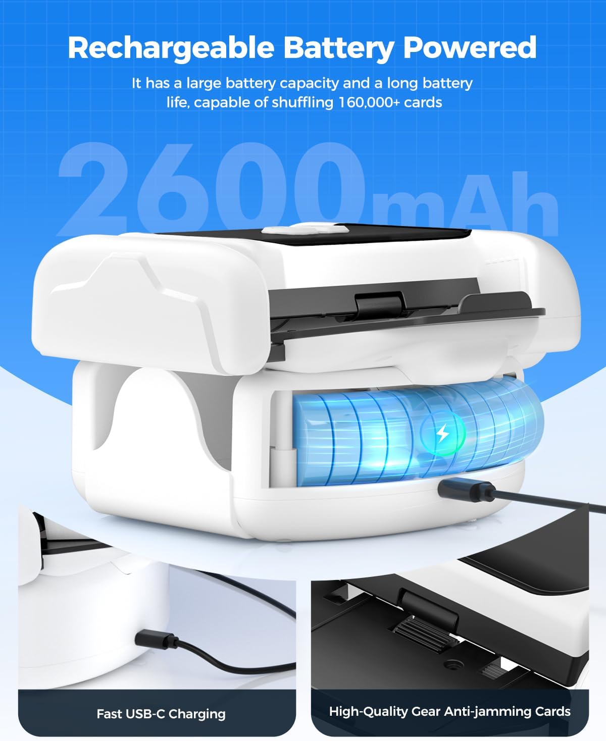 Automatic Card Shuffler for 1-2 Decks, One-Click Shuffling and Manual Mode, Portable Rechargeable (2600mAh) – Compatible with Poker, UNO, Bridge, Spades, Card Games for Adults & Family