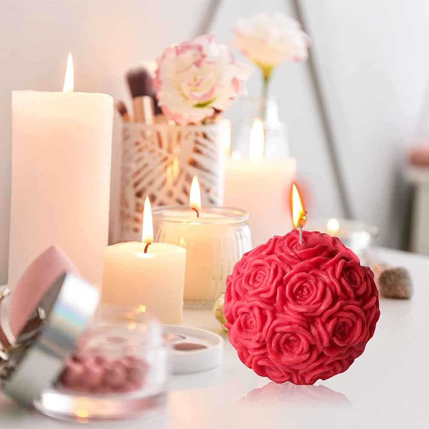 Large Rose Ball Candle Mold 3D Rose Flower Silicone Soap Mold for Fondant,Chocolate,Candy, Bath Bomb,Epoxy Resin,Plaster, Polymer Clay