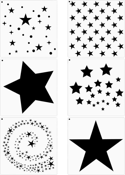 6-Piece Star Stencil Kit - Reusable Twinkle Star Templates in Assorted Sizes with Metal Open Ring for Painting on Tile, Wall, Paper, Fabric