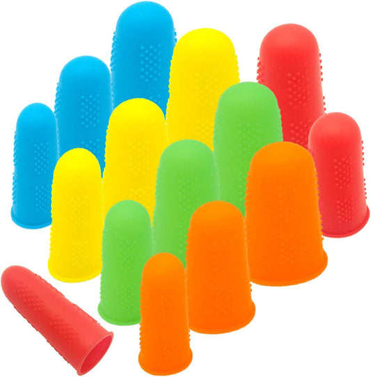 15 Pack Silicone Hot Glue Gun Finger Caps, 5 colors Finger Guard Protectors or Hot Glue Wax Rosin Resin Honey Adhesives Scrapbooking Sewing in 3 Sizes-Red/Blue/Yellow/Orange/Green