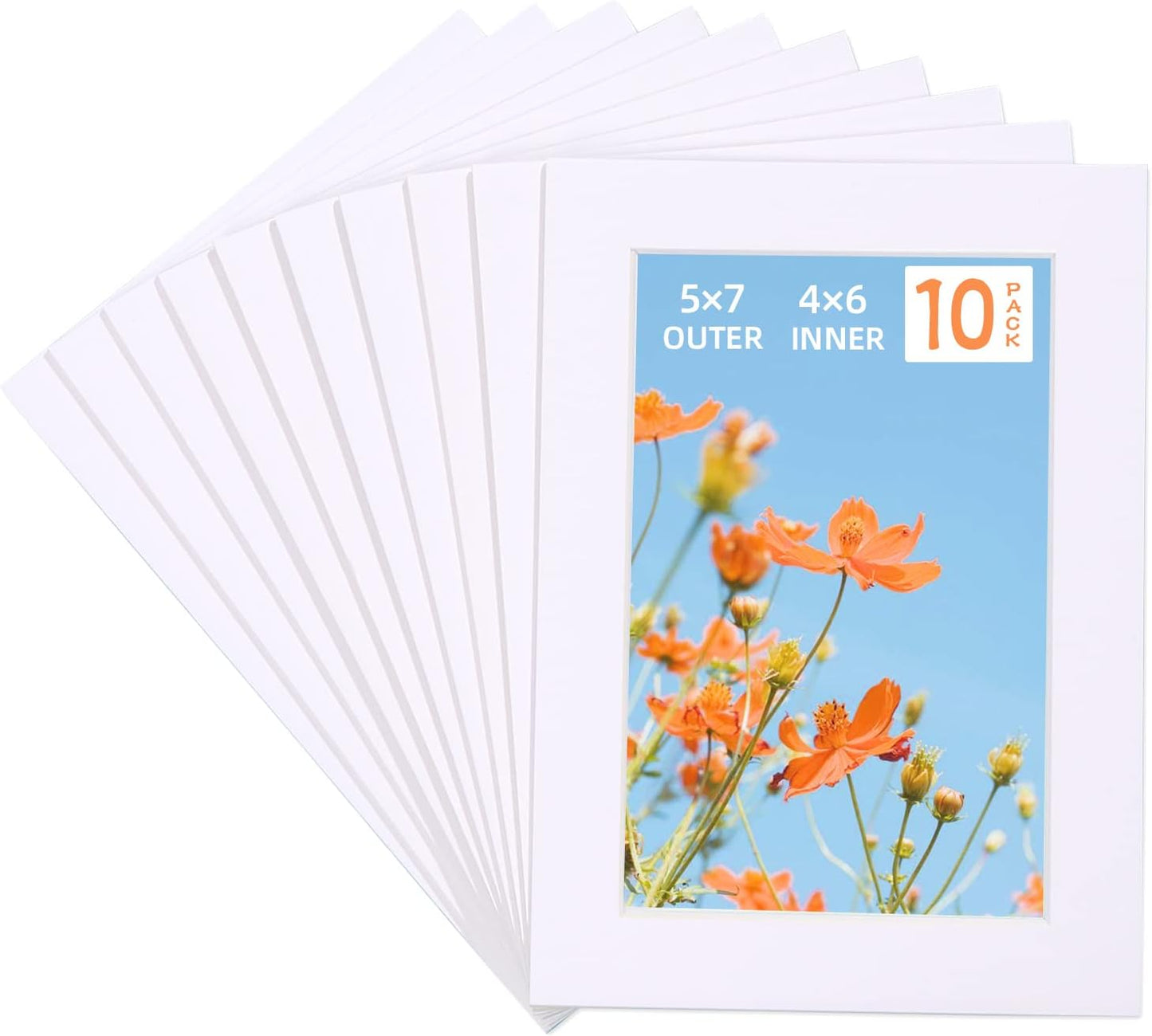 HOTUO 10 Pack 5x7 White Picture Mats, 4 Ply Thickness Frame Mattes for 4x6 Photo, Photo Mat with Core Bevel Cut, for Frames/Artwork/Print/Pictur.
