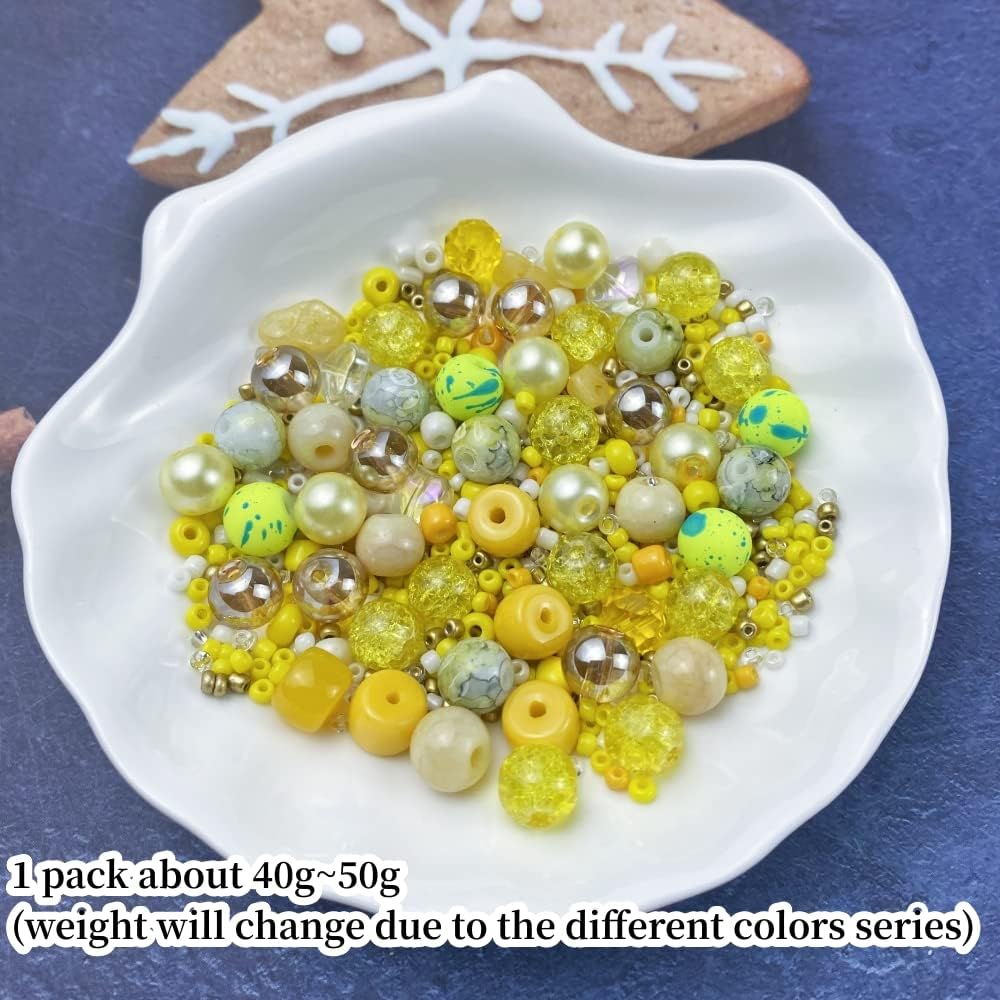 Assorted Glass Resin Beads Multi Size Colors Smooth Cracked Gravel Millet Spacer Beads for Bracelets Necklace Earring DIY Jewelry Making Craft(Yellow Series)