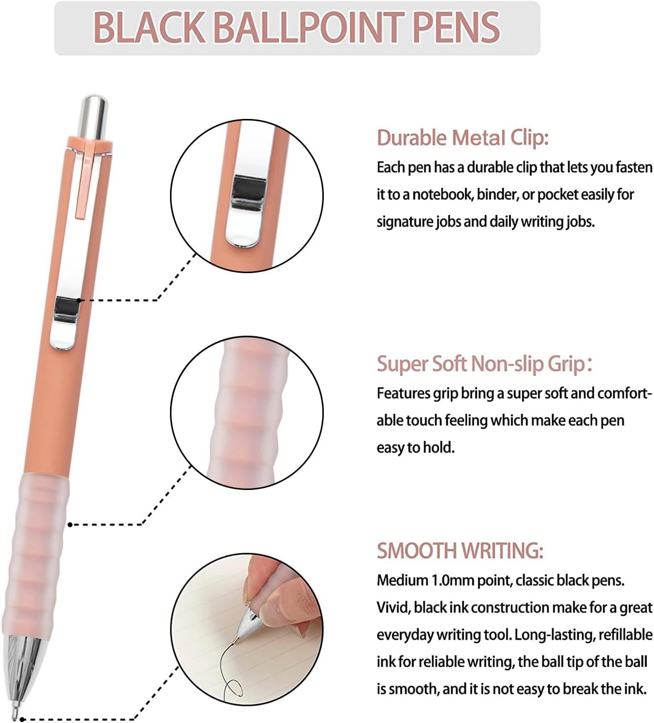 Linbsunne Ballpoint Pens Black Medium Point 1mm Pen with Super Soft Grip Ball Point Pen for Men Women Retractable Pens (silver-12 pcs)