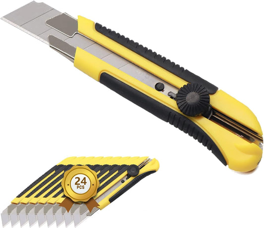 24 Pack Utility Knife, Retractable Box Cutter for Cartons, Cardboard and Boxes, 25mm Wider Razor Sharp Blade, Smooth Mechanism, Perfect for Office and Home use