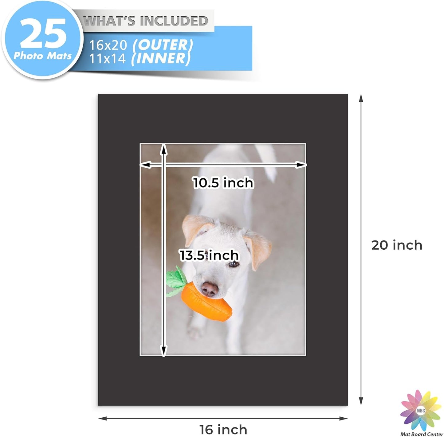 Mat Board Center, Pack of 25, 16x20 for 11x14 Black Mats - Acid Free, 4-ply Thickness, White Core - for Pictures, Photos, Framing
