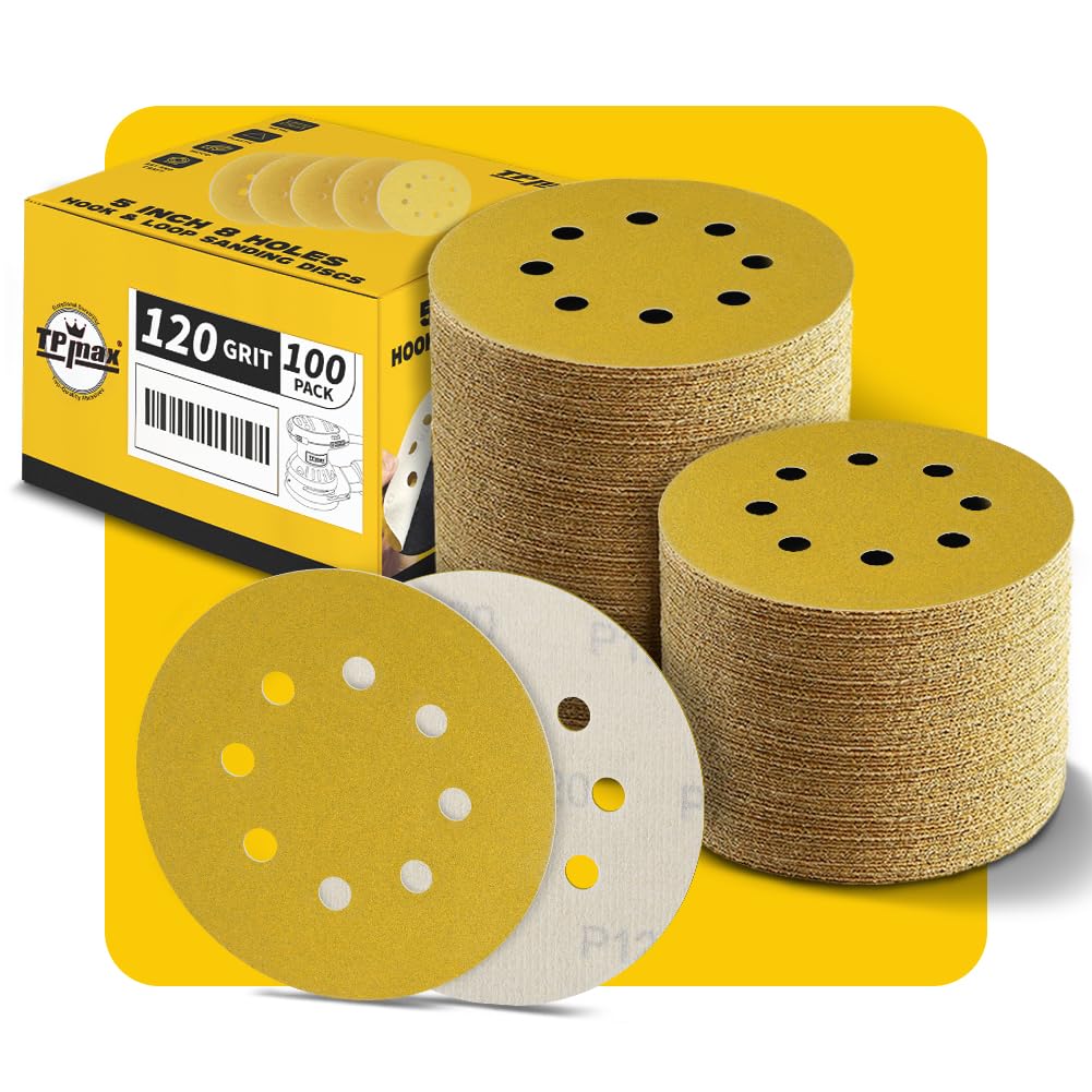 100PCS 5 Inch 120 Grit 125mm 8 Hole Sanding Discs Sandpaper - Premium Gold Round Hook and Loop for Random Orbital Sander - Ideal for Wood, Metal, Automotive