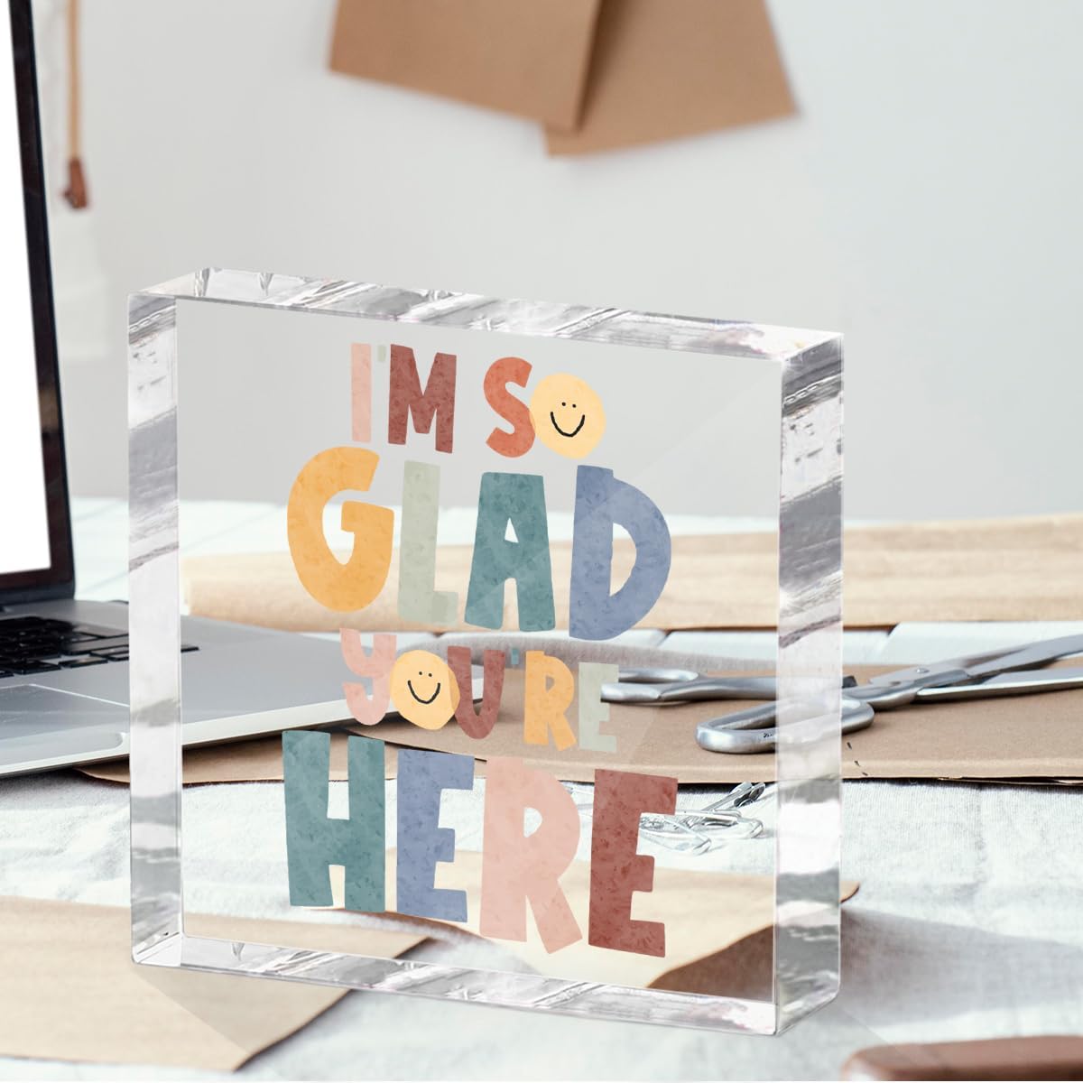 Positive Affirmation Desk Decor Acrylic Sign 4X4 Inch, Motivational Smile Face Desk Decorative Signs for Shelf Tabletop Cubicle Room Office, Welcome Gifts for Women Men Friends