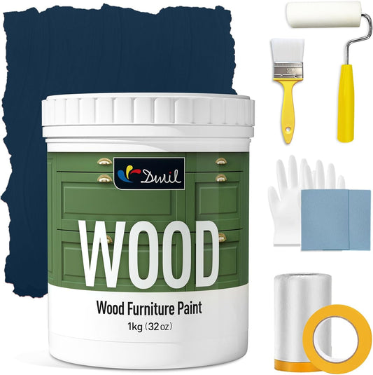 DWIL Matte Finish Furniture Paint - 32 Oz Wood Paint for Cabinets, Doors, Tables, and Dressers Refinishing - Water-Based, Non-Toxic & Odorless, Easy to Apply(Crow Black Blue)-With Tools