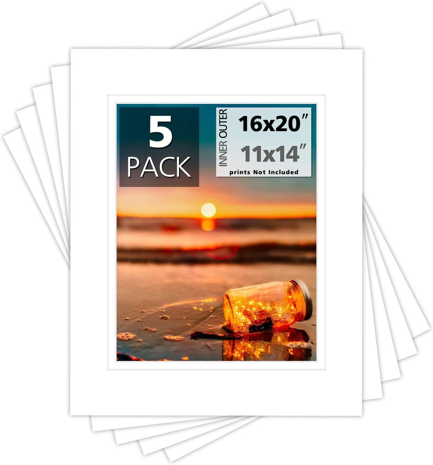 Mat Board Center, Pack of 5, 16x20 for 11x14 Photo Picture Double Mats - Acid Free, 8-ply Thickness, White Core - for Pictures, Photos, Framing (White Over White)