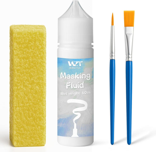 Masking Fluid for Watercolor Painting - 60ml White with a Paintbrush and Eraser - Art Masking Fluid Pen Watercolor Medium Art Supplies for Artists
