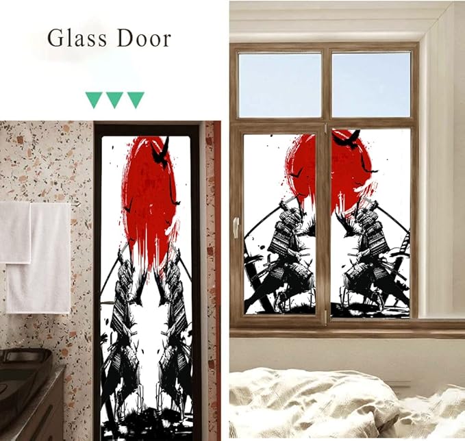 Japanese Samurai Stained Glass Film Watercolor Ink Samurai Sword Red Sun Printwindow Tinting Film for Home,Window Film Stained Glass 23.6Wx35.4L-Inch X2Pcs