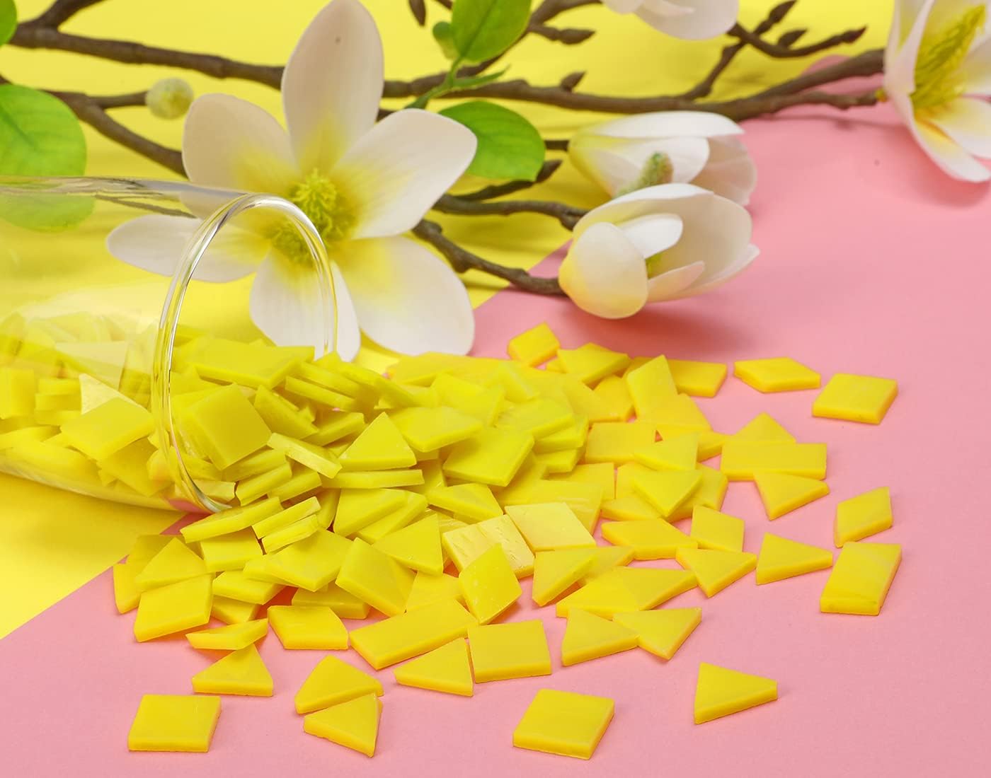 Lanyani 200 Mixed Color Glass Mosaic Tiles - 4 Shapes, Tiffany Stained Glass Pieces for Crafts, Sunshine Yellow