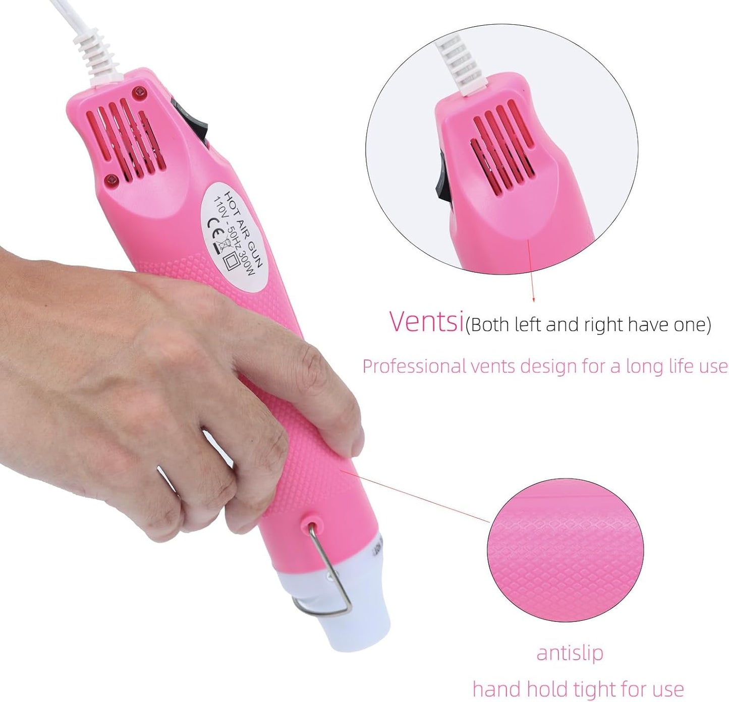 Heat Gun for Crafting, 110V 300W Handed Hot Air Gun, 3.28FT Ultra-Long Cable Portable Heat Gun with Stand and Power Cord for Shrinking Wrapping PVC, DIY Embossing and Drying Paint (Pink)