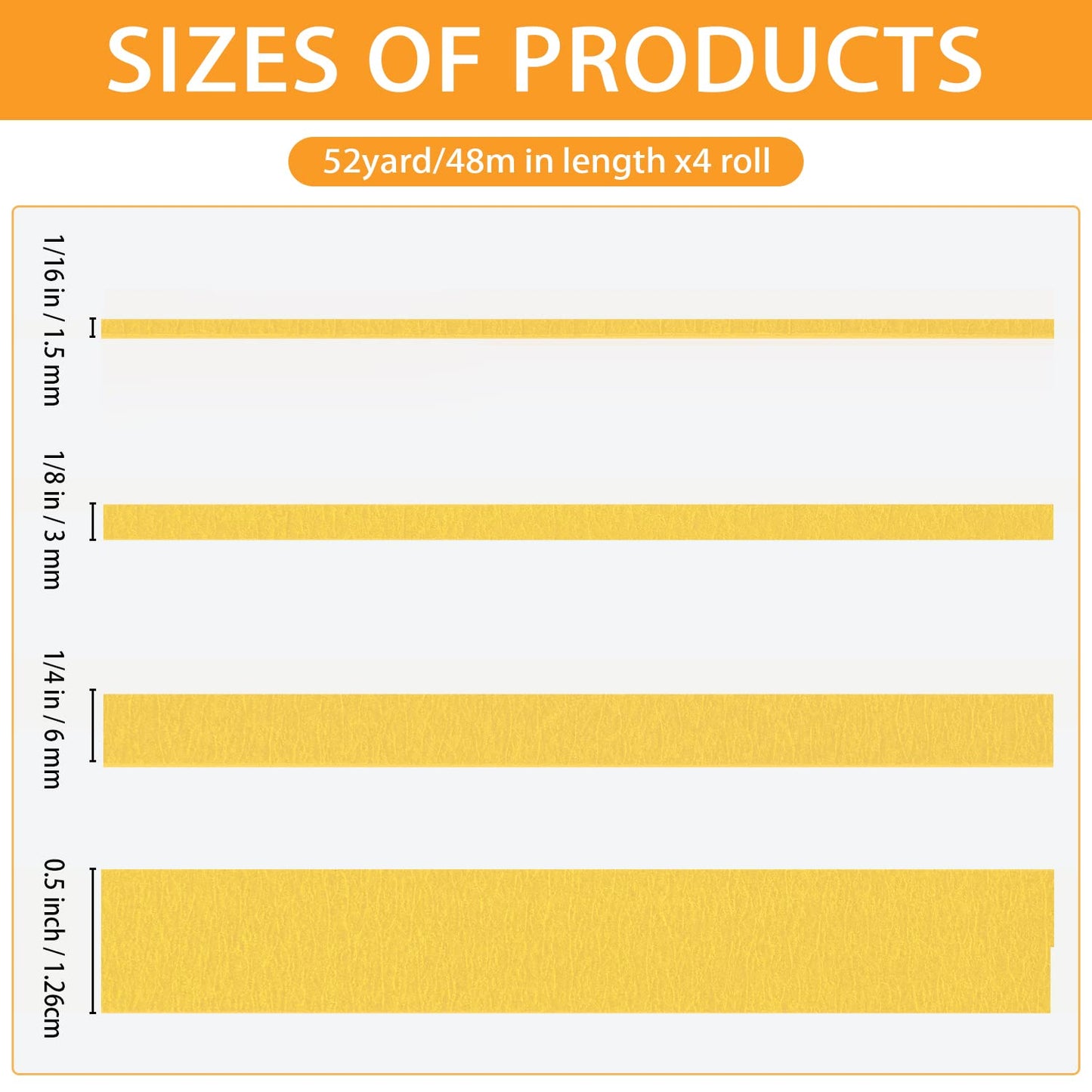 QDiShi 4 Rolls Fine Line Tape(Yellow), Fineline Masking Tape in 1/16, 1/8, 1/4 and 1/2 Inch Wide x 52 Yard Long, Automotive Masking Tape for DIY Car Auto Paint Art