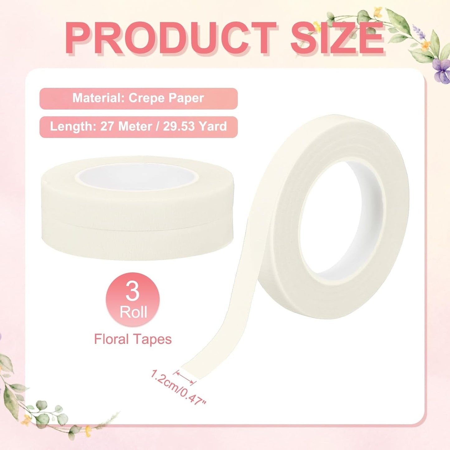 MECCANIXITY 3 Rolls Floral Tapes, 30 Yard x 1/16 in Florist Crepe Flowers Bouquets Tape Adhesive Waterproof for Flower Arranging Wrapping, White