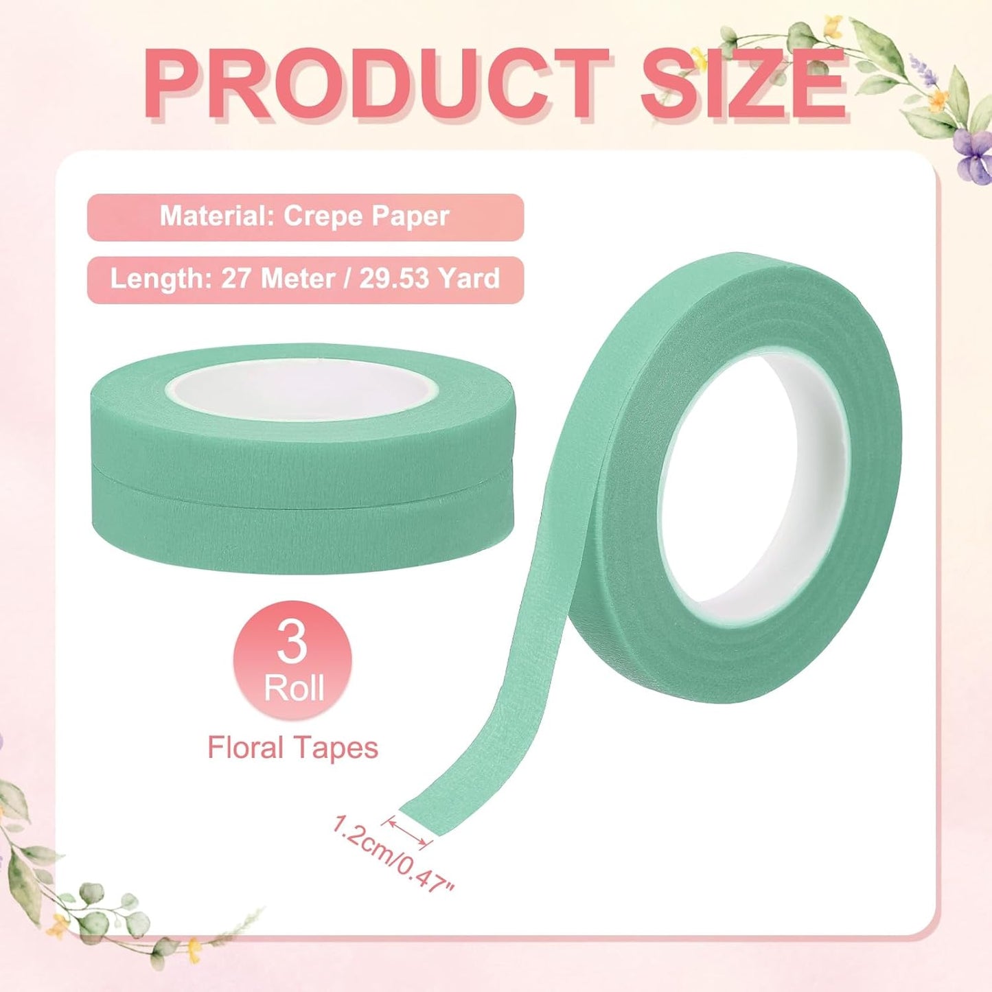 MECCANIXITY 3 Rolls Floral Tapes, 30 Yard x 1/16 in Florist Crepe Flowers Bouquets Tape Adhesive Waterproof for Flower Arranging Wrapping, Turquoise