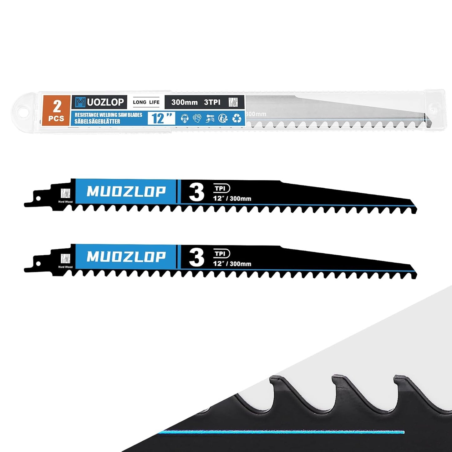 2 Pack 12 inch Reciprocating Saw Blades Set，3 TPI High Carbon Saw Blades for Wood Cutting ，Saw Blades with Organizer Case (2, 3T/12inch)