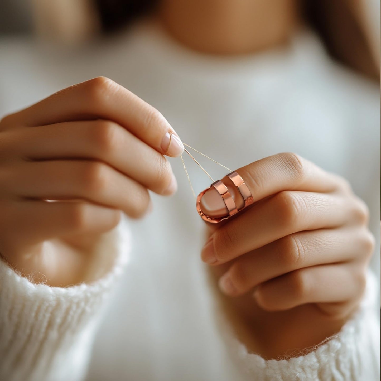 FR 4 Pack (2 Sizes, S/M) Sewing Thimble Finger Protector, Adjustable Finger Metal Shield Protector Pin Needles Sewing Quilting Craft Accessories DIY Sewing Tools Needlework Rose Gold