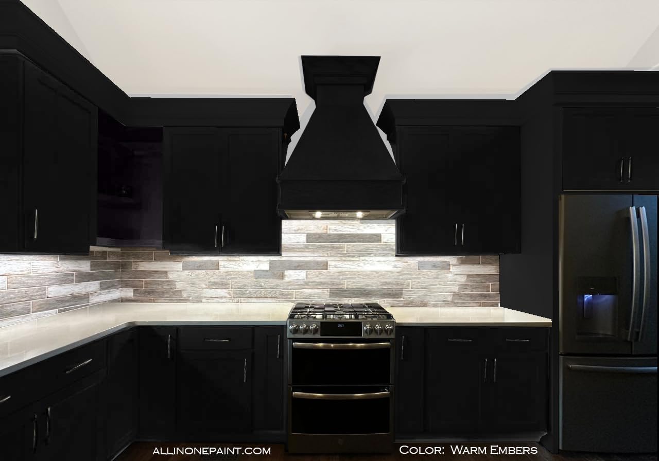 ALL-IN-ONE Paint, Durable cabinet and furniture paint. Built in primer and top coat, no sanding needed. Includes our 30 featured color card - Warm Embers (warm black), Gallon