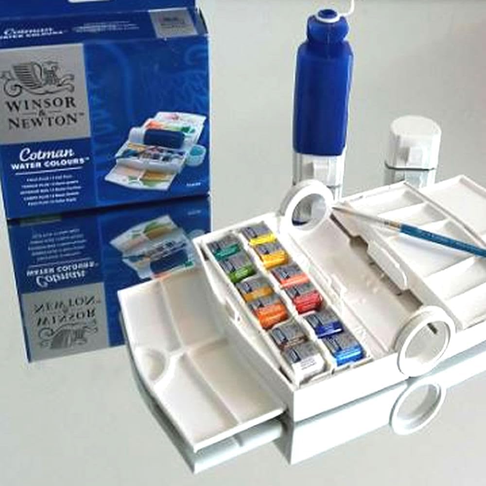 Winsor & Newton Cotman Watercolor Paint Set, Field Travel Set, 12 Half Pan w/ Brush, Mixing Palette, Bottle