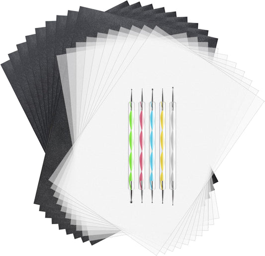 ASTARON 150 Sheets Black Carbon Copy Paper and Tracing Paper with 5 Pcs Embossing Styluses Tool Set, Carbon Transfer Paper for Tracing on Wood Fabric