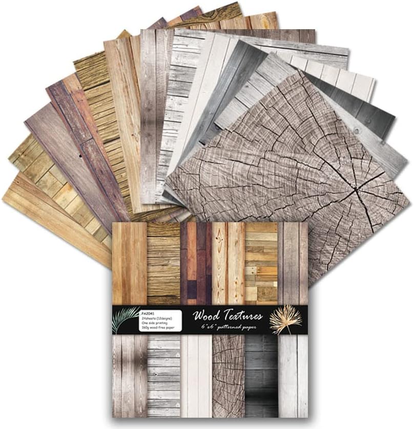 6x6 Inch Scrapbook Paper Pad, Single Sided 12 Unique Vintage Wood Designs for DIY Craft Projects, Card Making and Album Decoration-24 Sheets