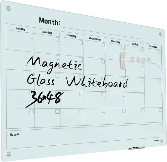 Magnetic Monthly Calendar Glass Whiteboard - Glass Dry Erase Board 48"x36" Large Frameless Glass Board for Walls Office School and Home