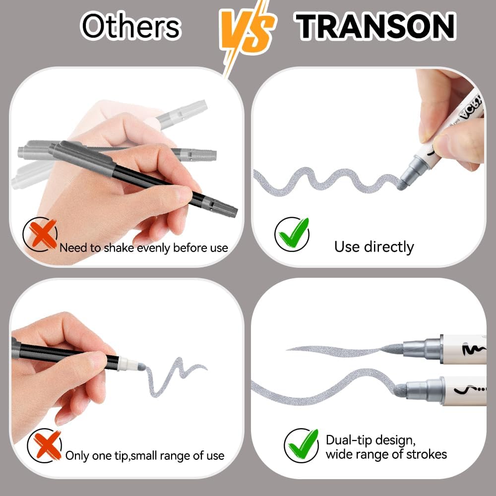 TRANSON 3 Gold, 3 Silver, 1 Black and 1 White Paint Markers Brush and Bold Dual-tip Acrylic Paint Marker Set for Rock Painting Glass Canvas Wood Leather Ceramic Painting