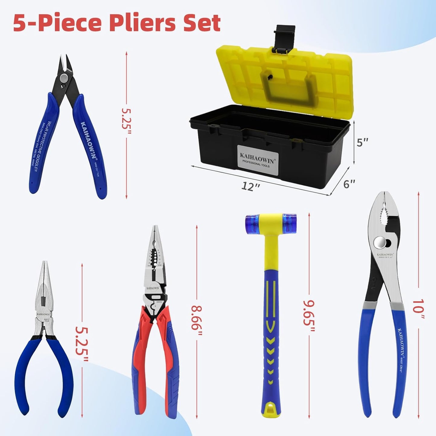 KAIHAOWIN 6-Piece Tool Set with Case, 8.8” Long Nose, Slip Joint Pliers,5” Needle Nose, 5" Flush Cutter, Rubber Mallet for Repairing & Home Use