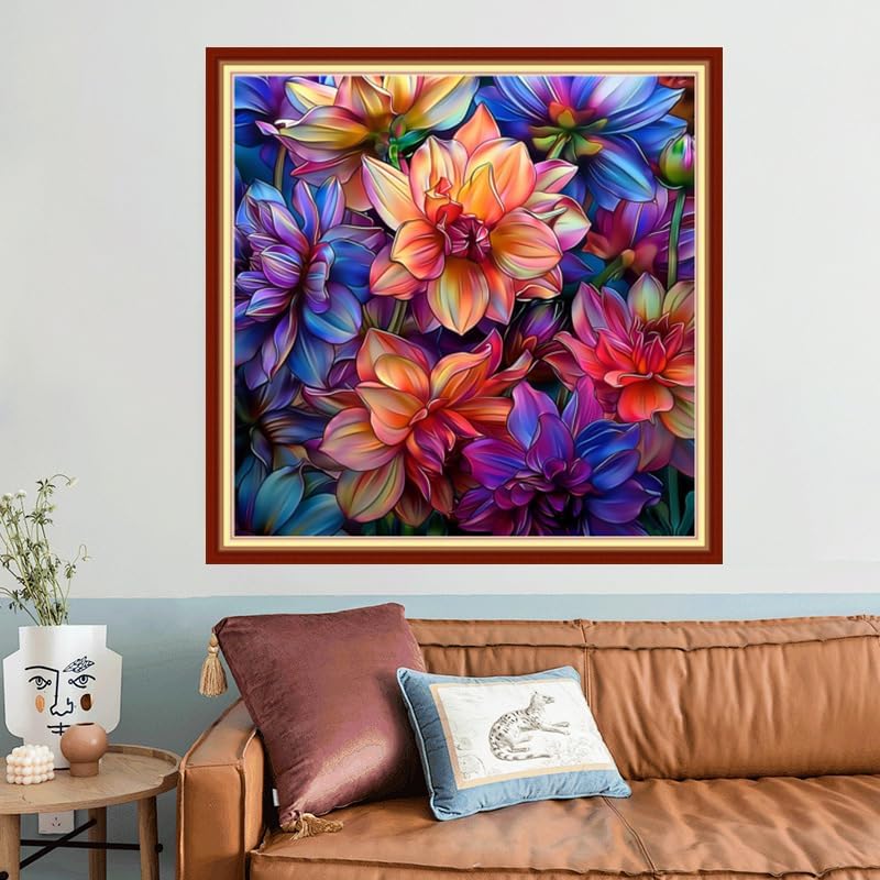 Joyhoor Stamped Cross Stitch Kits for Beginners, Needlepoint Kits for Adults, 11CT Counted Embroidery Kits-Colorful Flowers 18x18 inchs