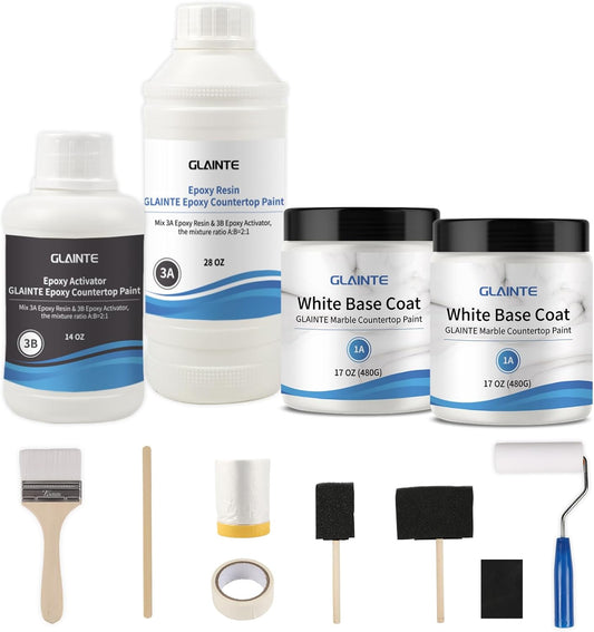 GLAINTE Bright White Marble Countertop Paint Kit Epoxy Countertop Refinishing Paint for Kitchen Bathroom Cover 38 Sq.Ft