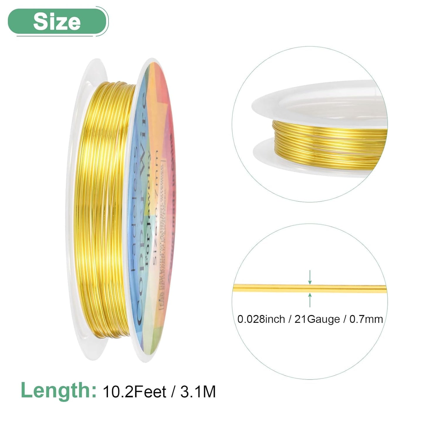 0.7 mm/21 Gauge Copper Wire for Jewelry Making, 10.2FT Copper Beading Craft Wire for Jewelry/Weaving/DIY Crafting/Planting, Color-Retaining [3.1M, Gold Tone]