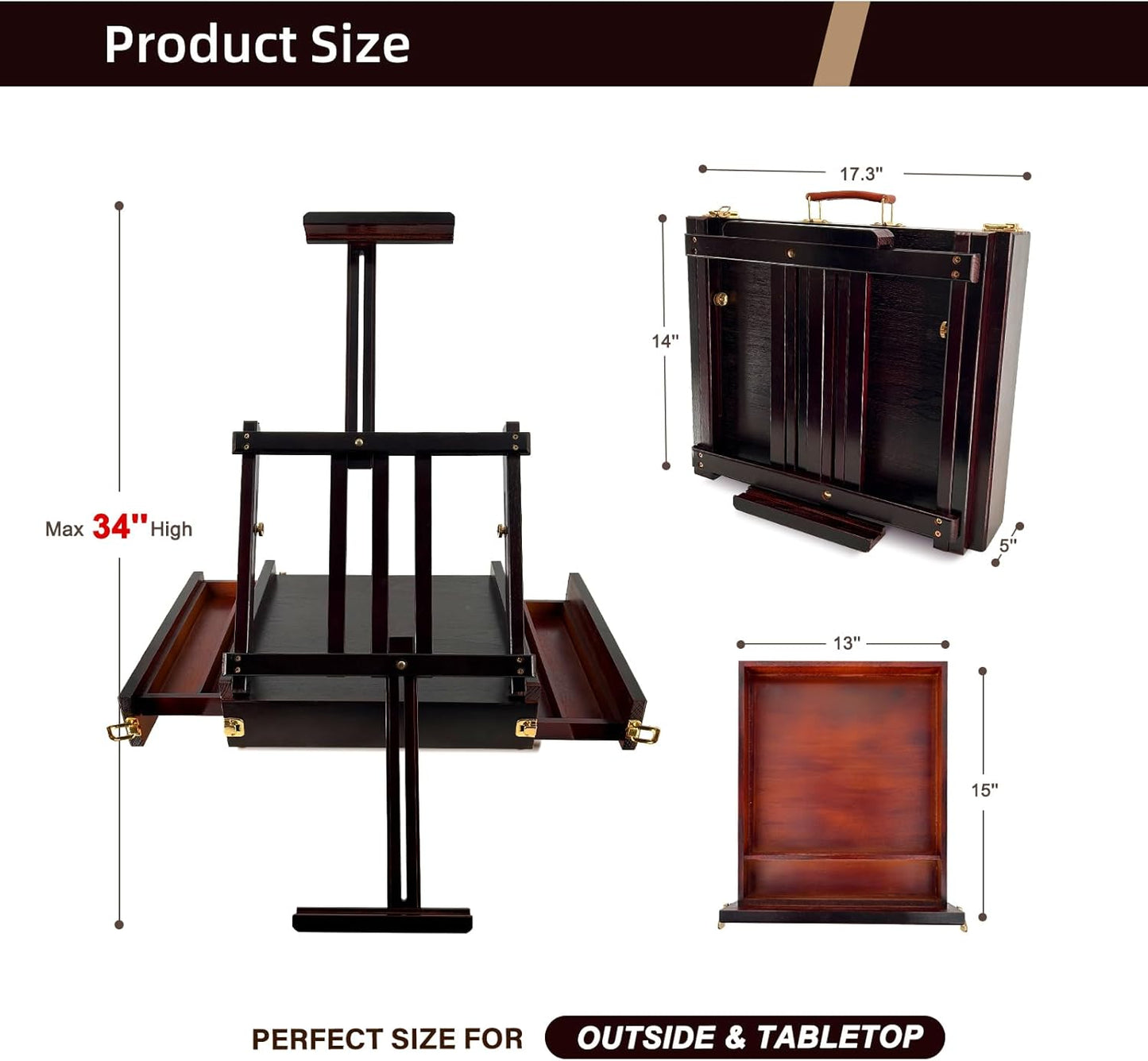 Large Walnut Sketchbox Table-Top Easel with Dual Dawers-Adjustable Solid Beech Wood Artist Desktop Easel with Storage Holds Canvas up to 34'' High-(Dark Walnut)