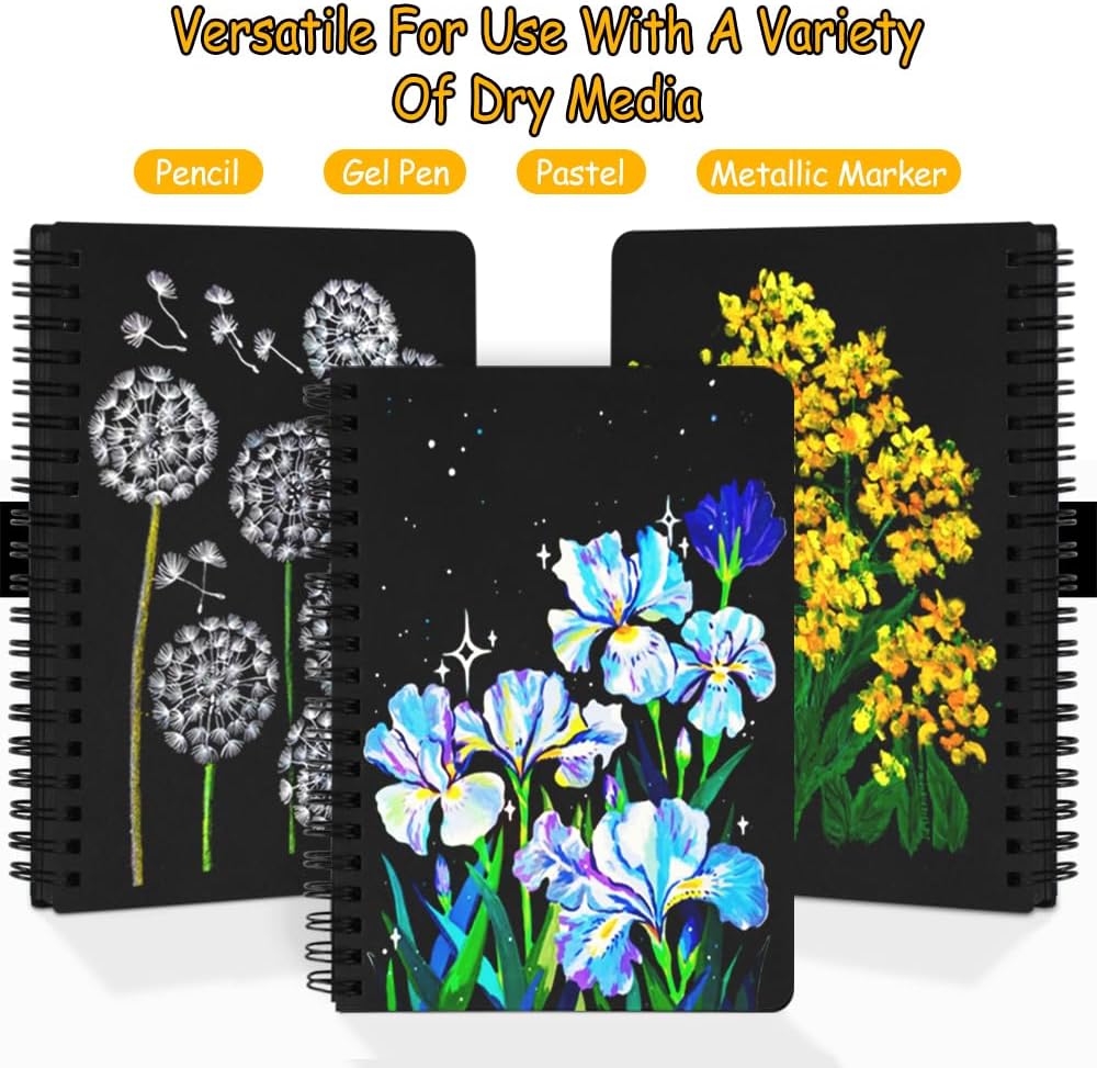 5x7in Black Paper Mixed Media Sketchbook, 110gsm Spiral Bound Art Journal Sketchbook, 70Sheets Acid-Free Travel Pocket Sketch Pad for Drawing, Illustration, Ideal for Most Dry Media