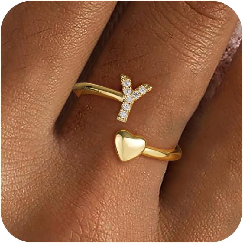 Gold Initial Rings for Women Girls, Dainty 14K Gold Plated Adjustable Initial Rings Cute Heart Zirconia Ring for Women Teen Girl Gifts