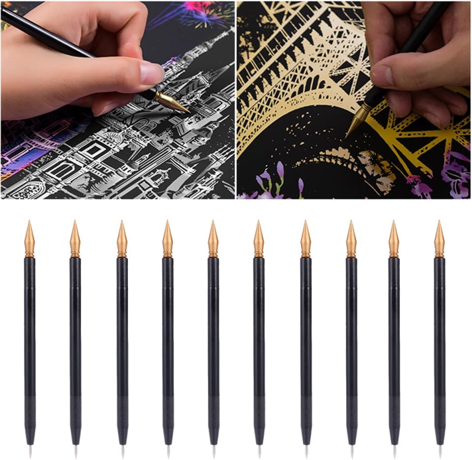 EXCEART Scratch Brush 10 Pcs Set Black Plastic Scratch Painting Pens for Art Drawing and DIY Creative Project Scratchboard Tools