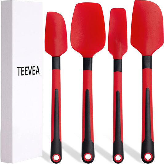 TEEVEA Silicone Spatula for Cooking Baking Mixing, Heat Resistant Non-Stick Dishwasher Safe BPA-Free Kitchen Utensils, Set of 4, Red and Black