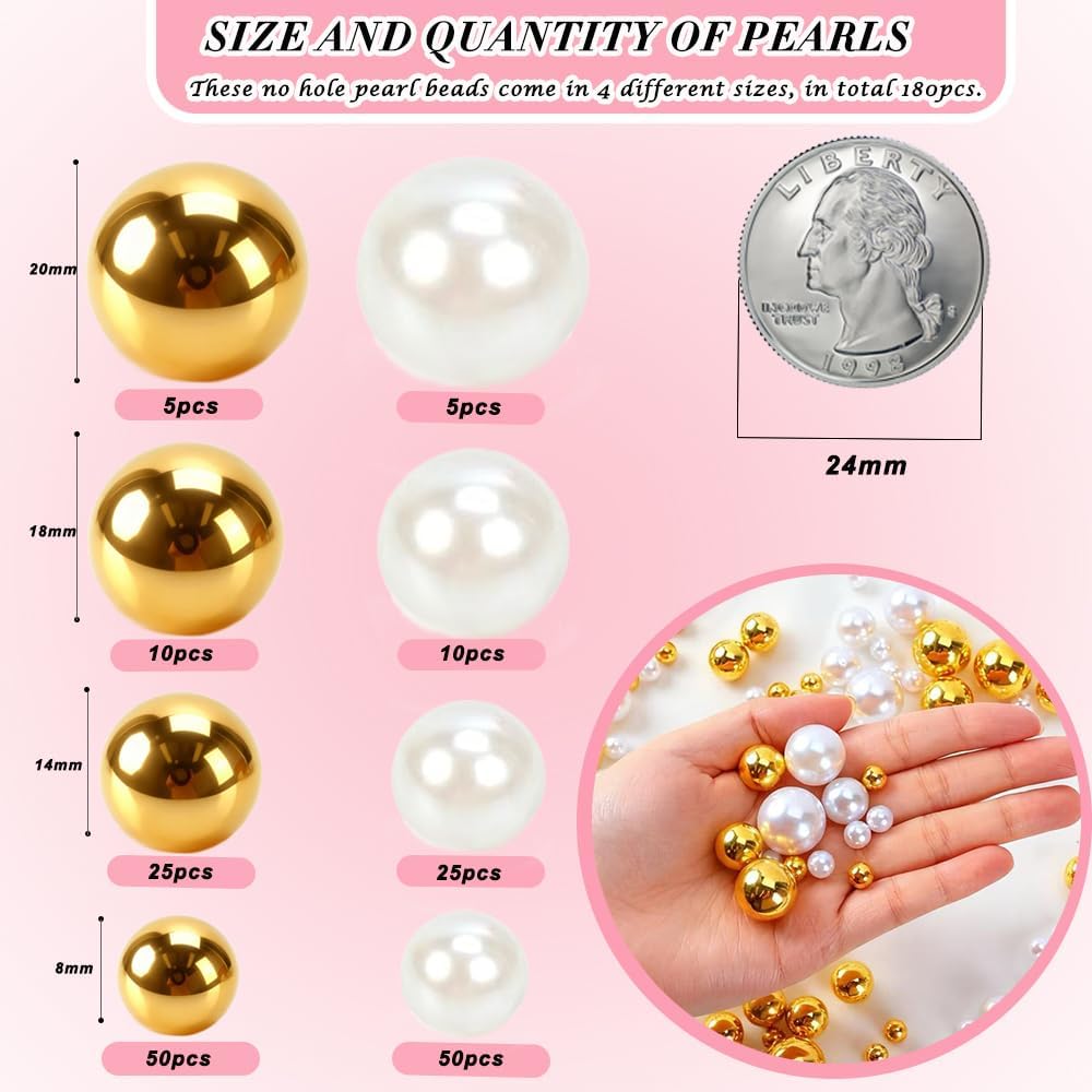 Pearl Beads No Hole Pearls for Crafting 180 Pcs Fake Pearls Faux Pearls for DIY Crafts Jewelry Making Vase Filler Floating Candle Wedding Birthday Party Home Decorations (Gold & Ivory, 8/10/14/20mm)