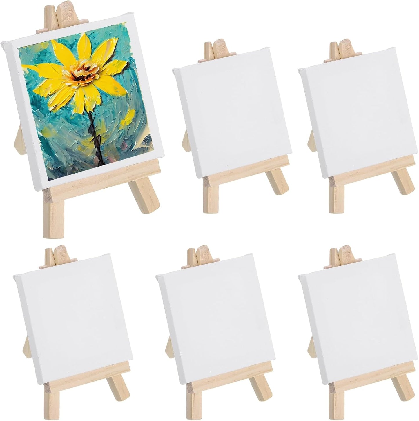 MECCANIXITY Canvas Boards for Painting with 4.9" Mini Easel Kit, 3x3 Cotton Blank Primed Art Canvas Panels Acid-Free for Painting Supplies Oil Acrylic Tempera Paint(White, Set of 6)