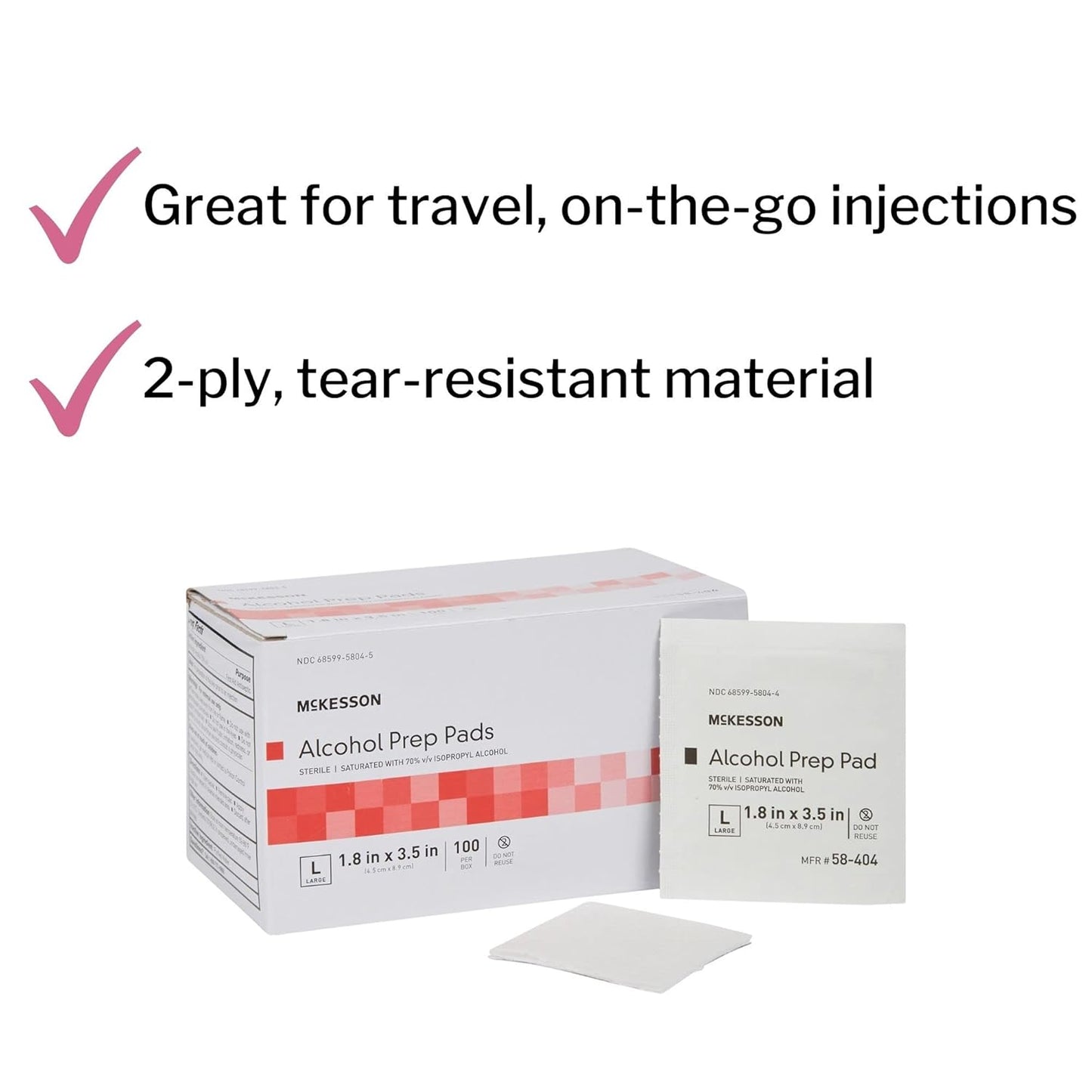 McKesson Alcohol Prep Pads [Pack of 1000] 70% Isopropyl, Individually Wrapped Wipes, Sterile, Medical-Grade, First Aid, Large, 100 Count, 10 Boxes